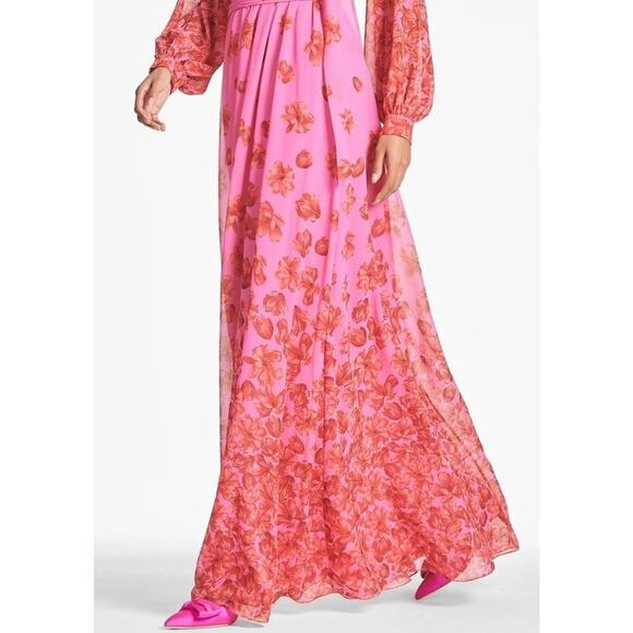Sachin & BabiVera floral-print chiffon gownPink Red Floral Naxi Dress Sz 0 XS - Picture 7 of 16